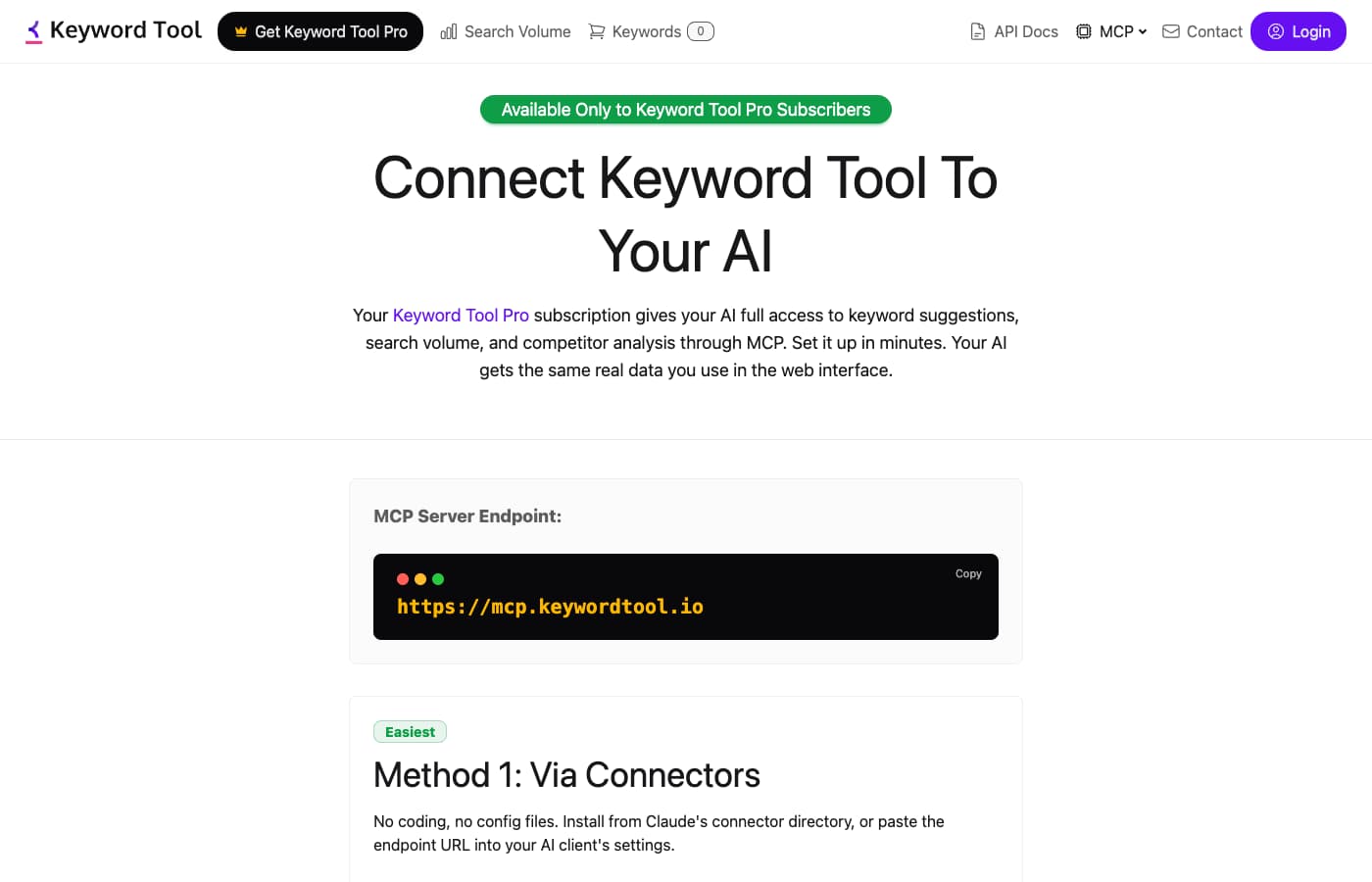 Keyword Tool's public MCP setup page showing its server endpoint and Pro access requirement