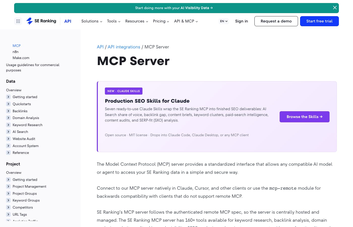 SE Ranking's public MCP documentation with the hosted server description and data navigation