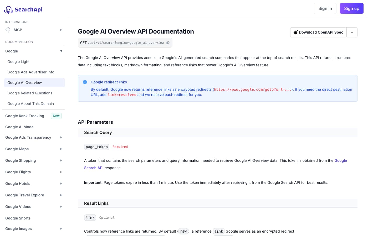 SearchApi documentation showing the page token requirement and destination-link option